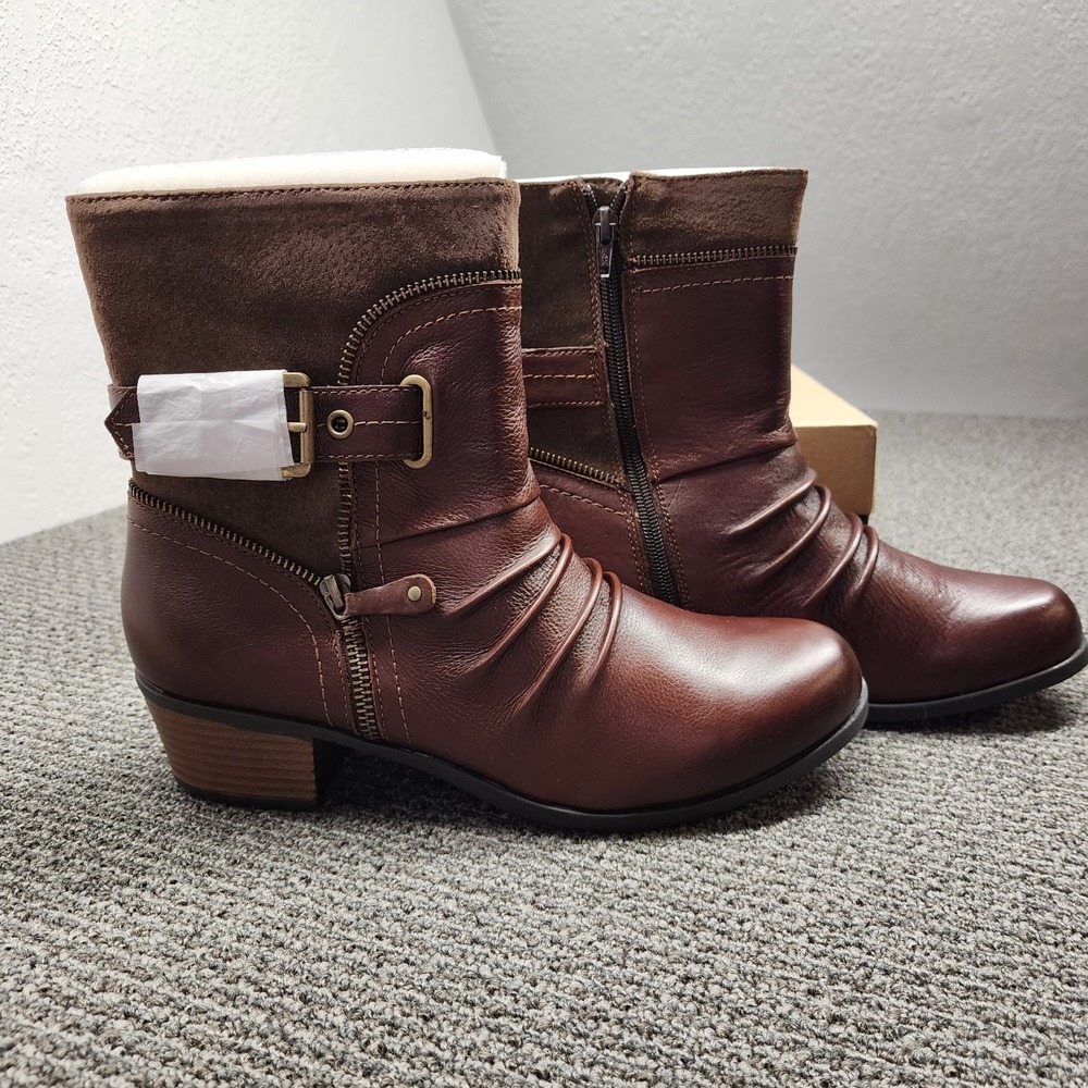 NIB Earth Origins Dolly Ankle Boots Size 11 Brown Leather Suede Side Zip Buckle